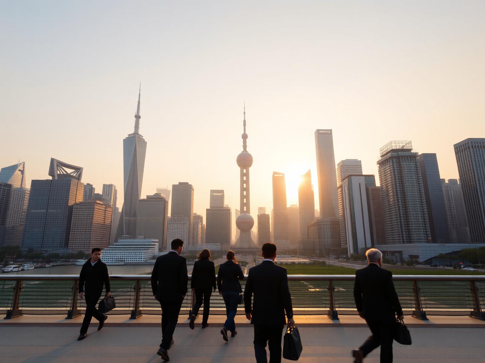 Business district skyline in China at golden hour