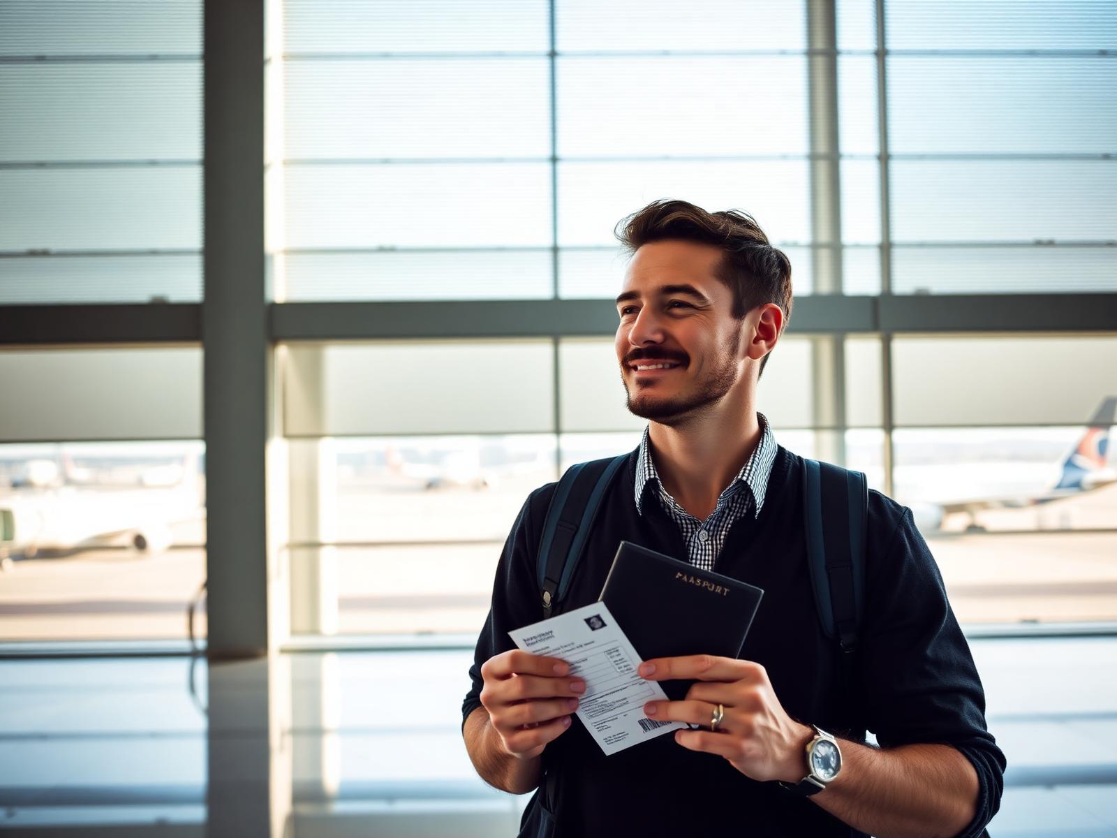 Traveller with passport at an airport terminal